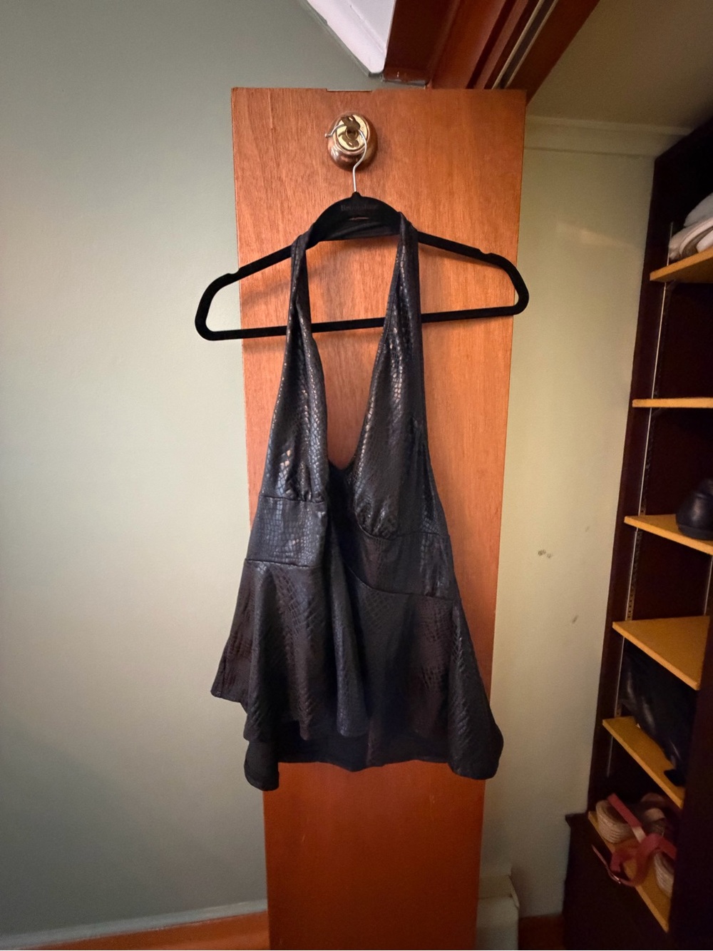 SHEIN Black Faux-Leather Halter Peplum Camisole